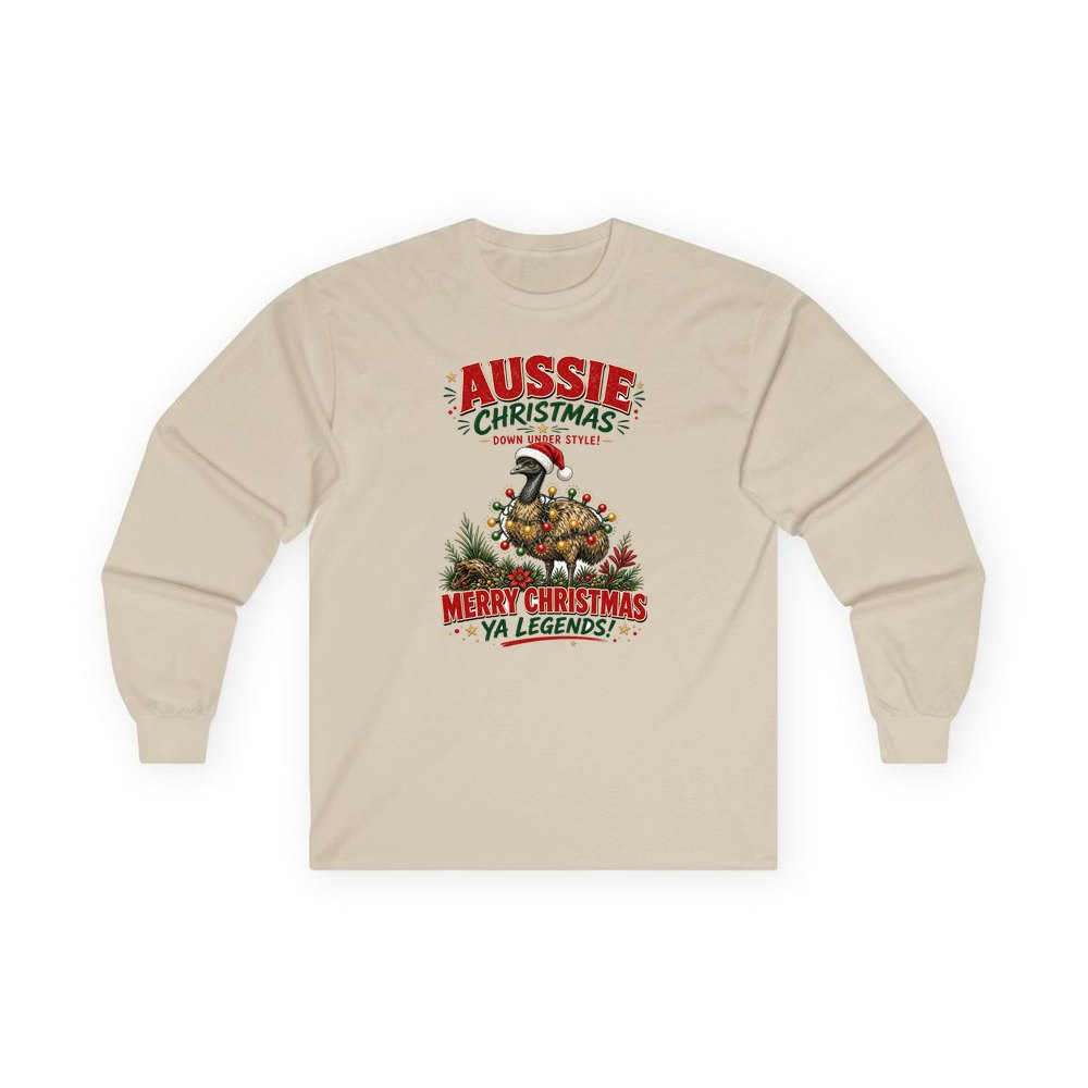 Emu in Christmas Lights personalised long sleeve Christmas T-shirt in sand