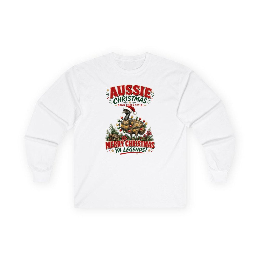 Emu in Christmas Lights personalised long sleeve Christmas T-shirt in white