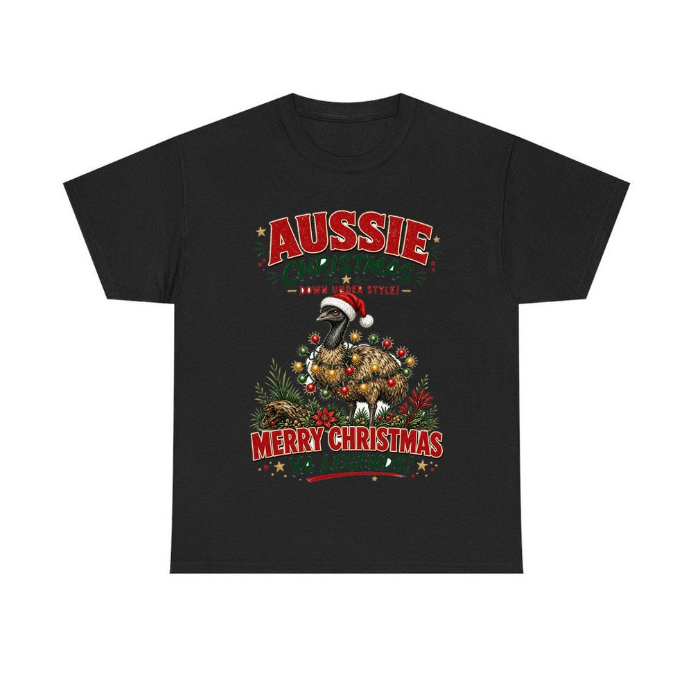 Emu in Christmas Lights personalised Christmas T-shirt in black
