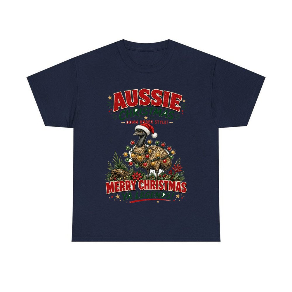 Emu in Christmas Lights personalised Christmas T-shirt in navy