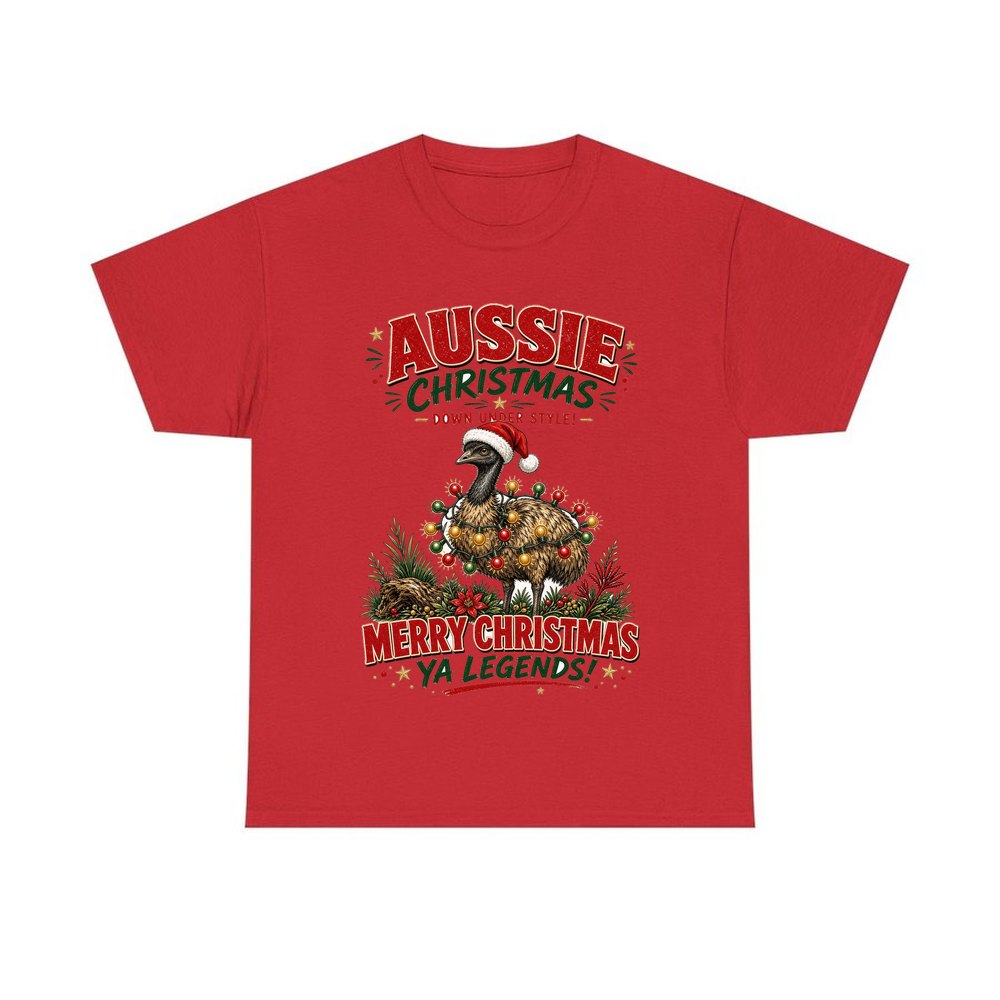 Emu in Christmas Lights personalised Christmas T-shirt in red