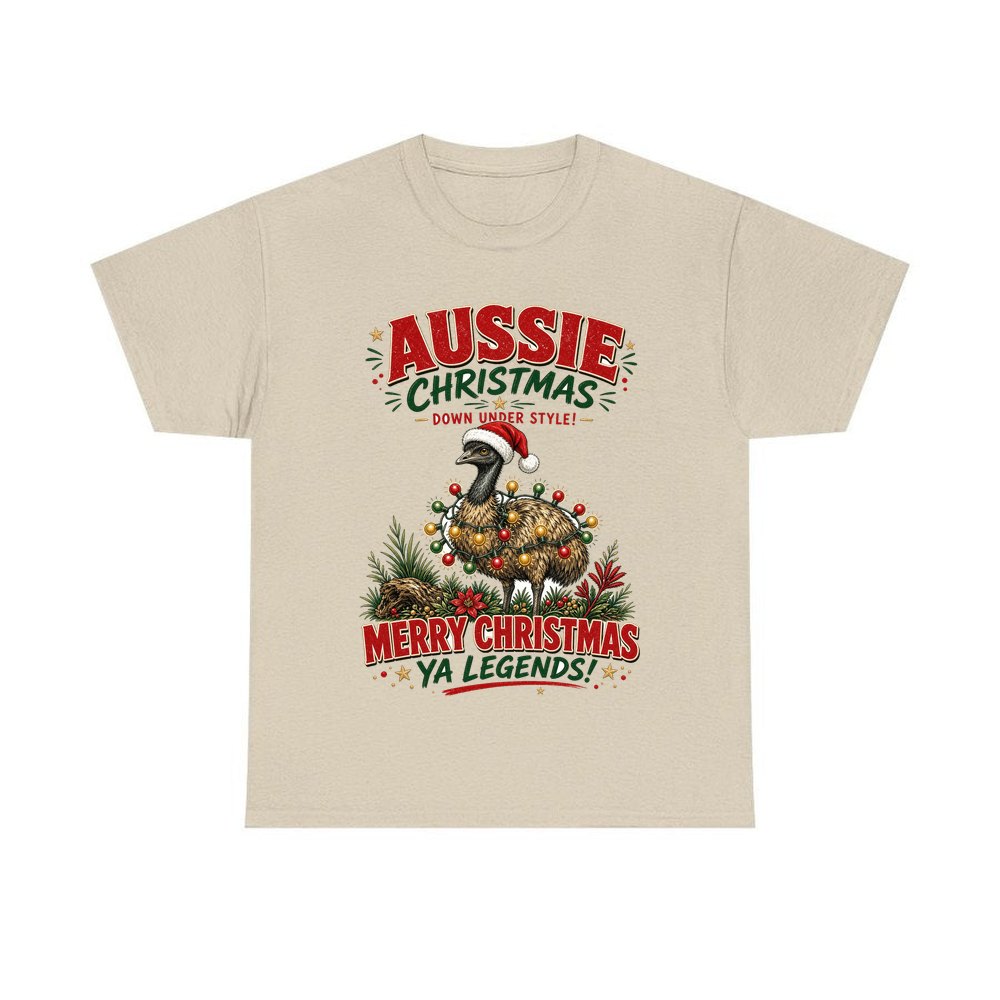 Emu in Christmas Lights personalised Christmas T-shirt in sand