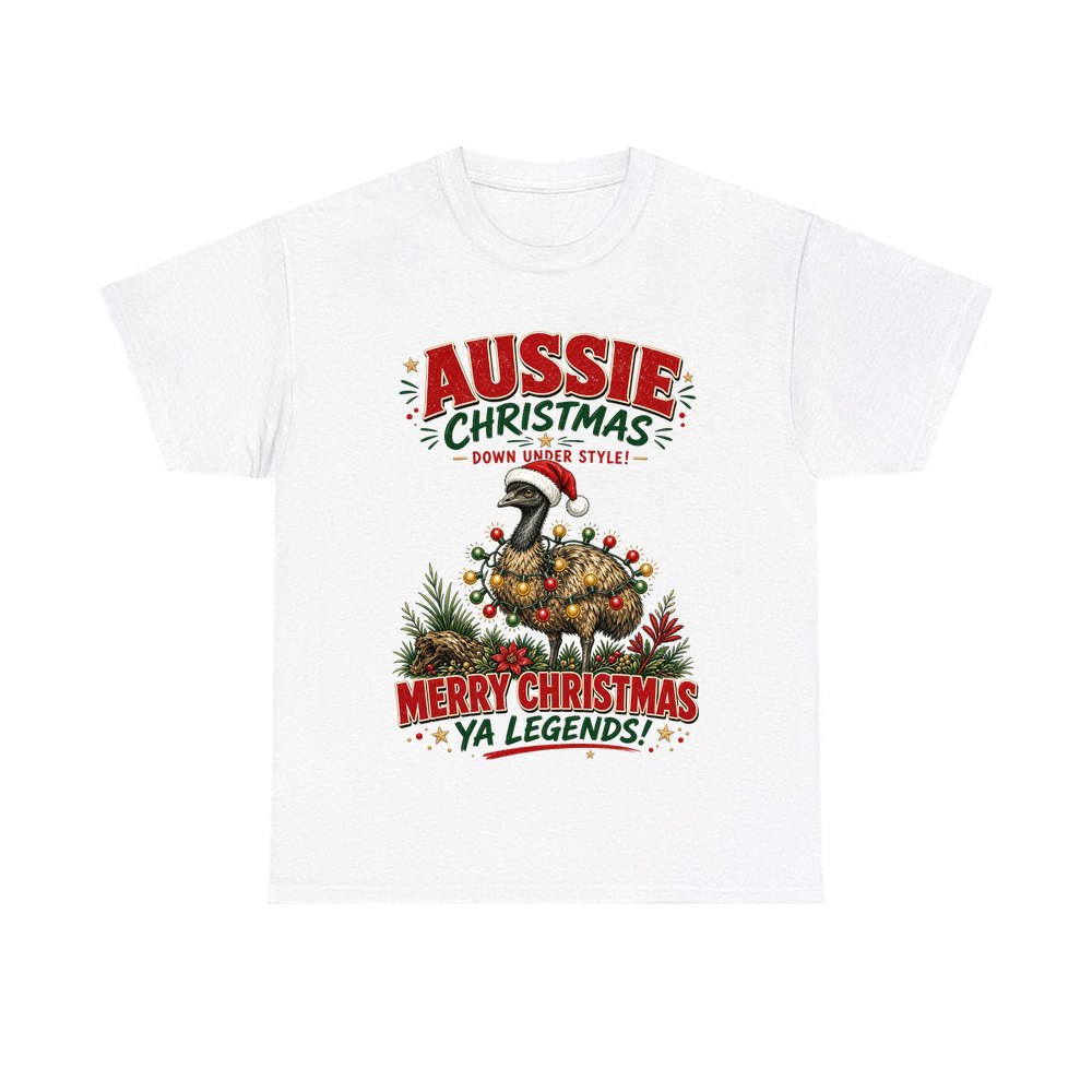 Emu in Christmas Lights personalised Christmas T-shirt in white