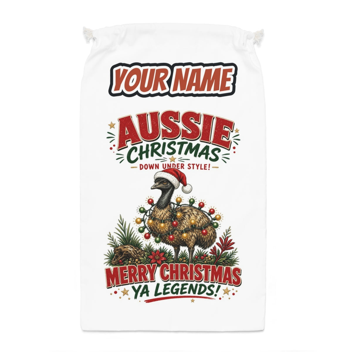 Emu in Christmas Lights Santa sack laid flat, showing the full print