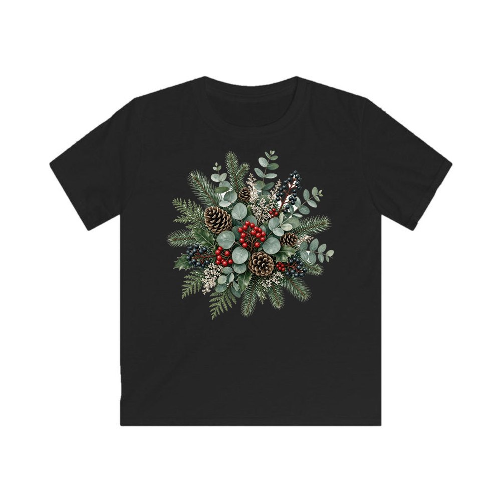 Eucalyptus and Berry Arrangement personalised kids Christmas tee in black