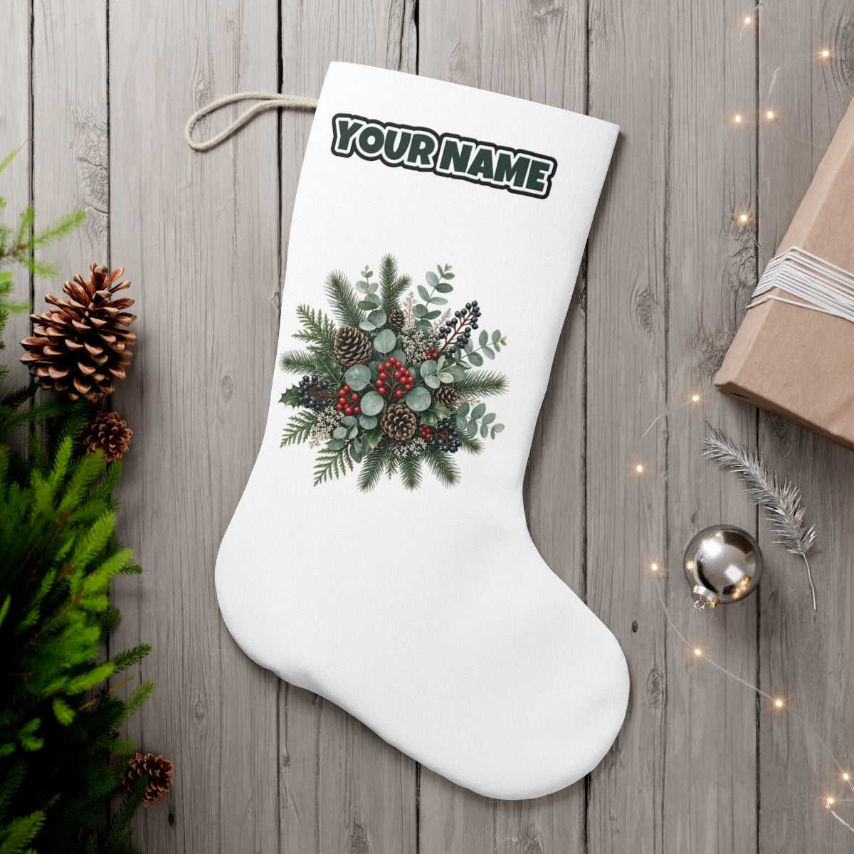 Eucalyptus and Berry Arrangement personalised Christmas stocking, white, with the name across the top