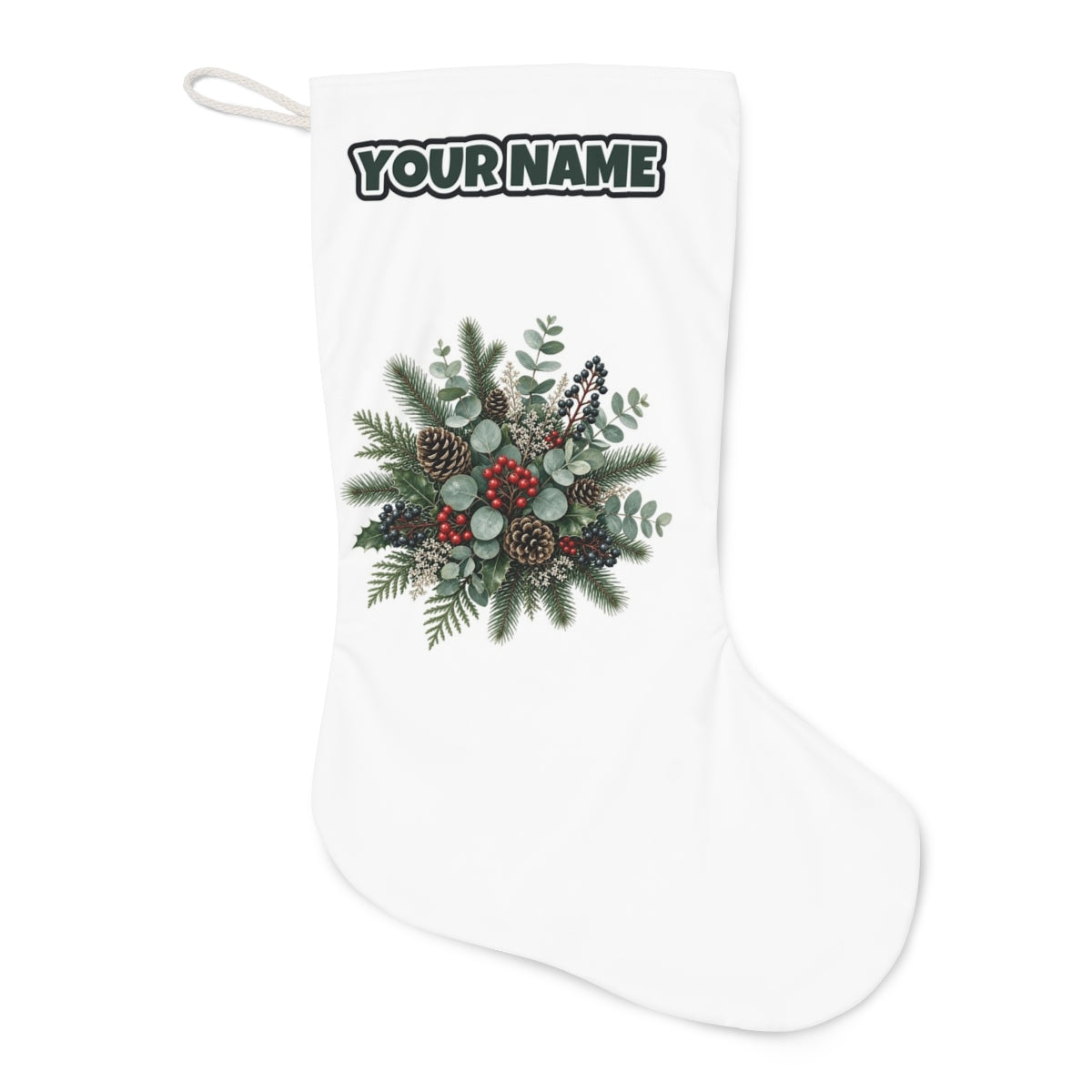 Eucalyptus and Berry Arrangement Christmas stocking laid flat, showing the full print