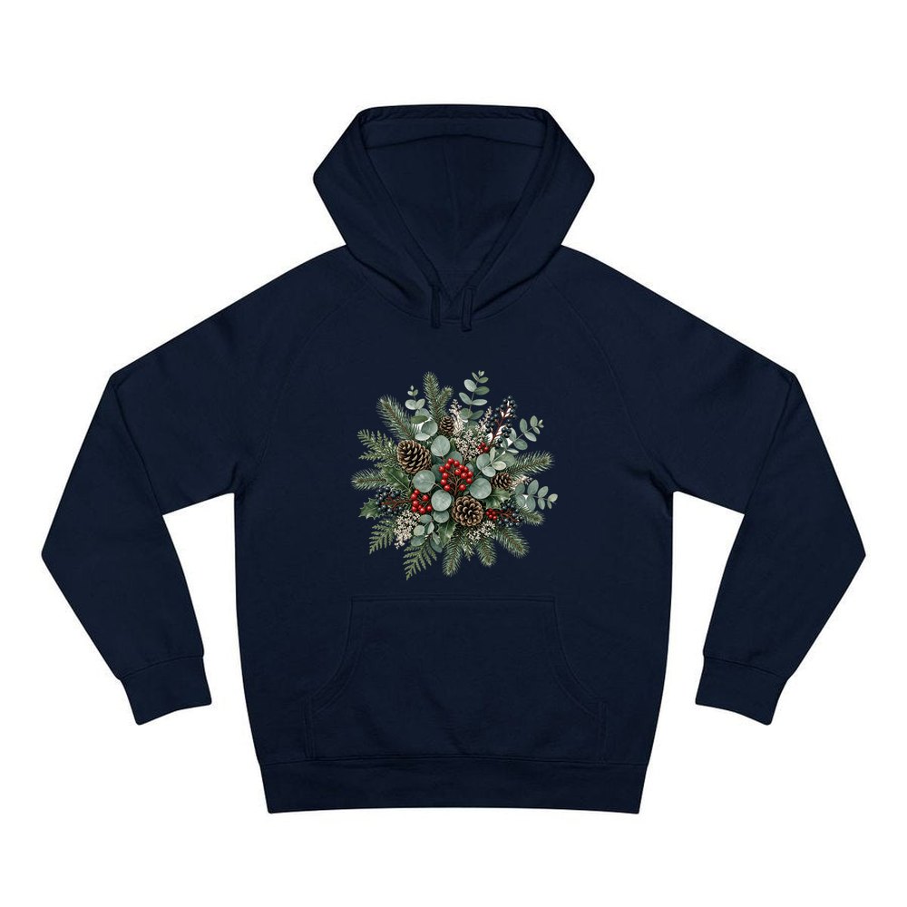 Eucalyptus and Berry Arrangement personalised Christmas hoodie in navy