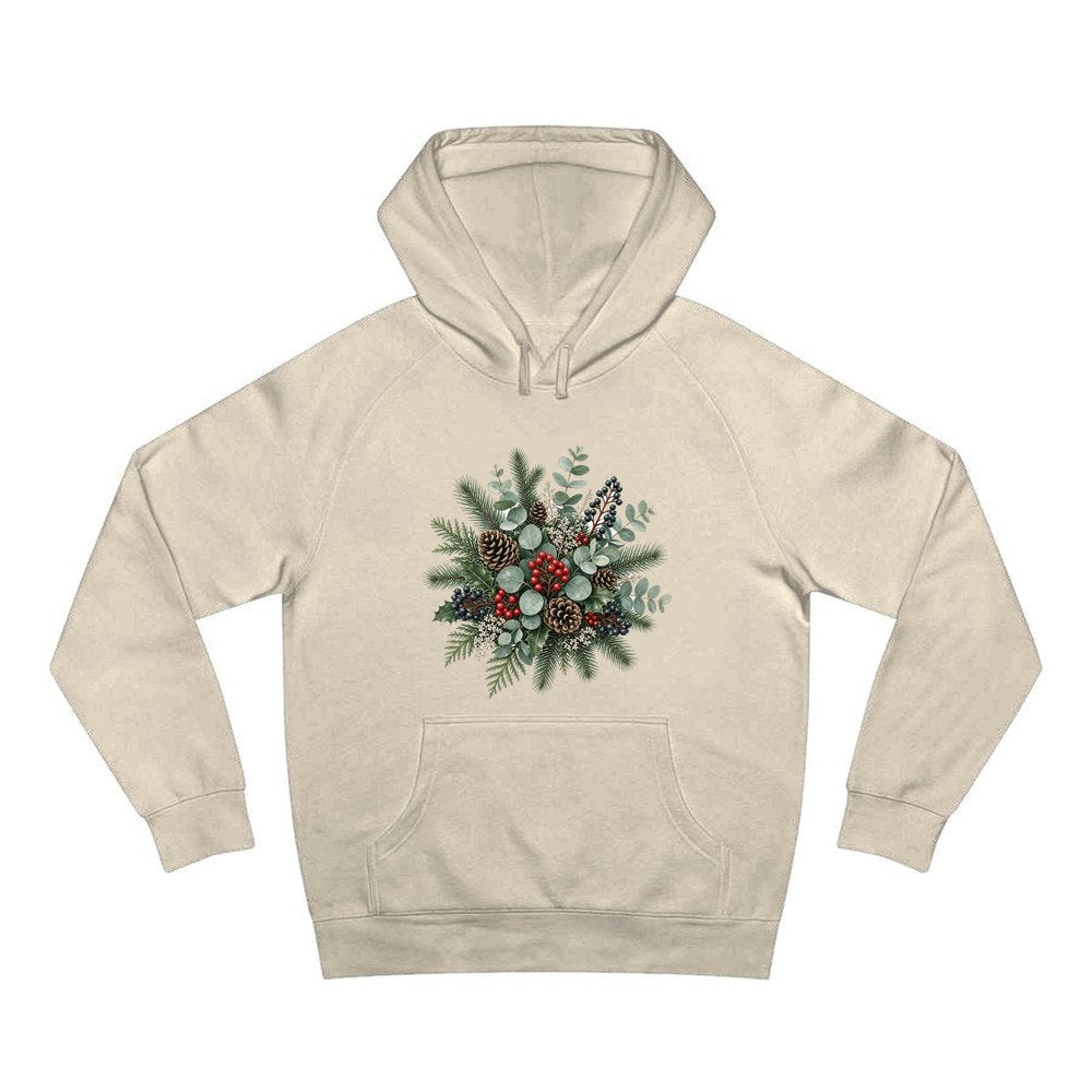 Eucalyptus and Berry Arrangement personalised Christmas hoodie in sand