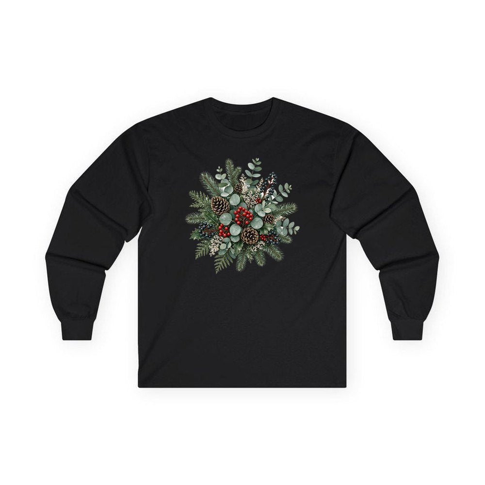 Eucalyptus and Berry Arrangement personalised long sleeve Christmas T-shirt in black