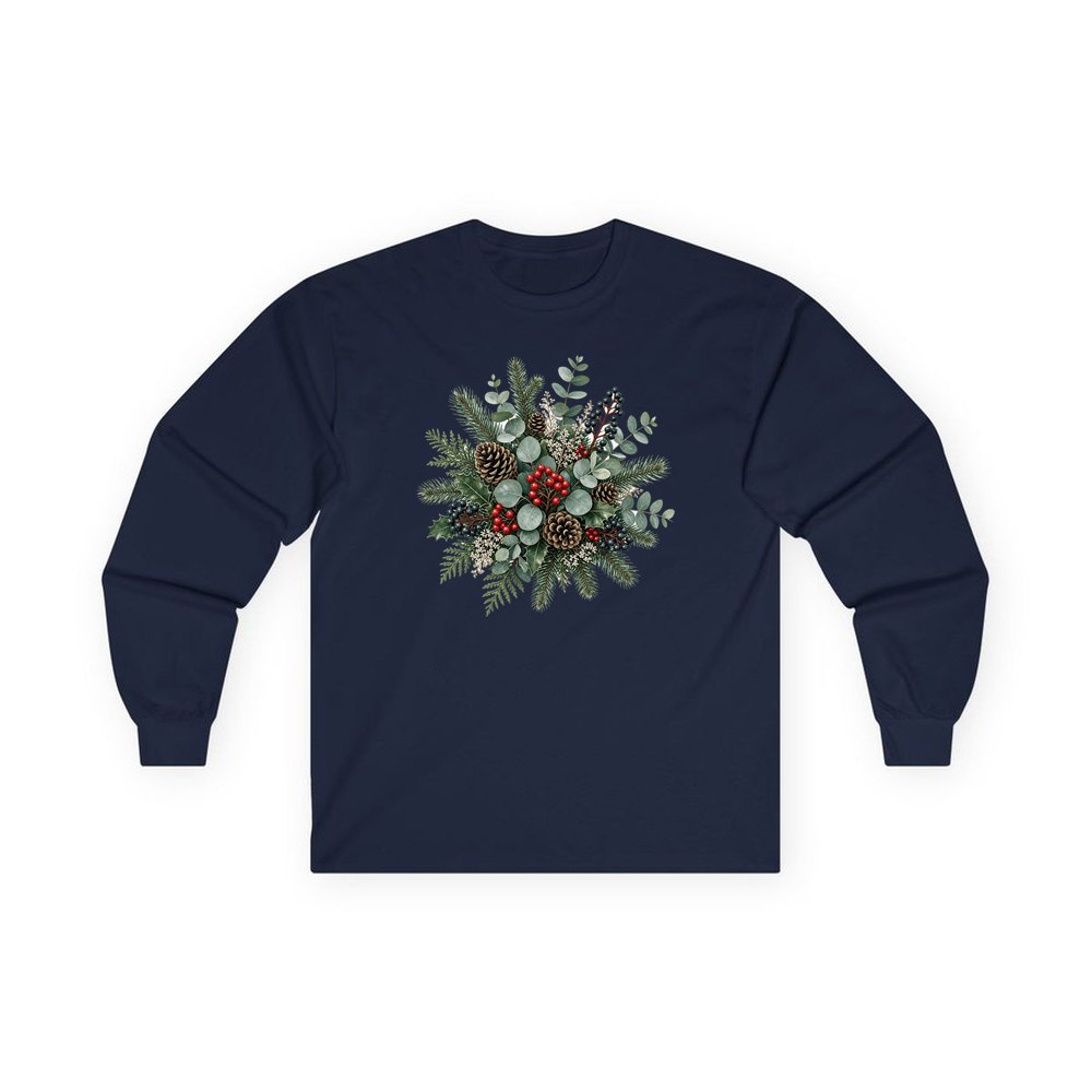 Eucalyptus and Berry Arrangement personalised long sleeve Christmas T-shirt in navy