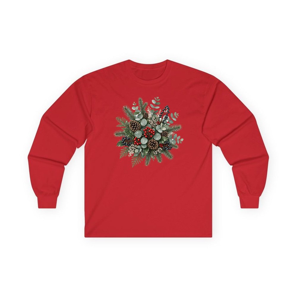 Eucalyptus and Berry Arrangement personalised long sleeve Christmas T-shirt in red