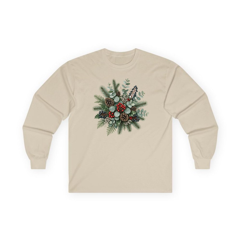Eucalyptus and Berry Arrangement personalised long sleeve Christmas T-shirt in sand
