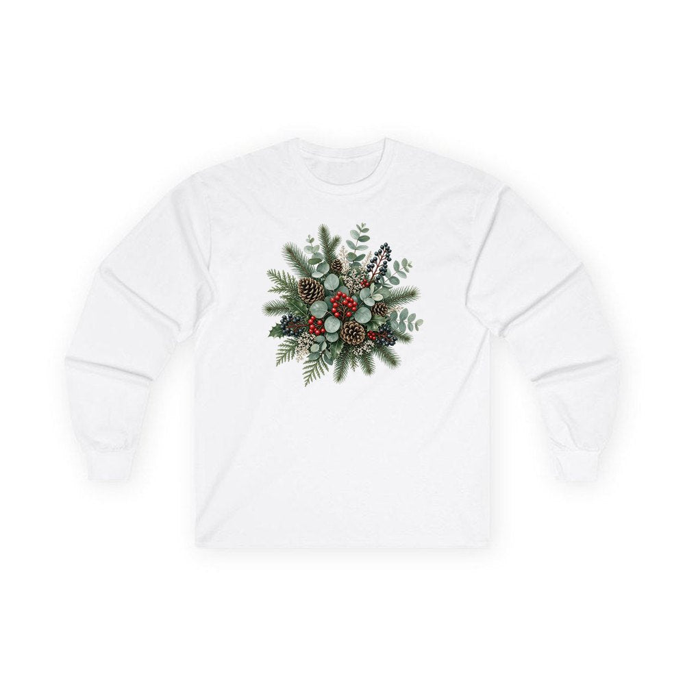 Eucalyptus and Berry Arrangement personalised long sleeve Christmas T-shirt in white