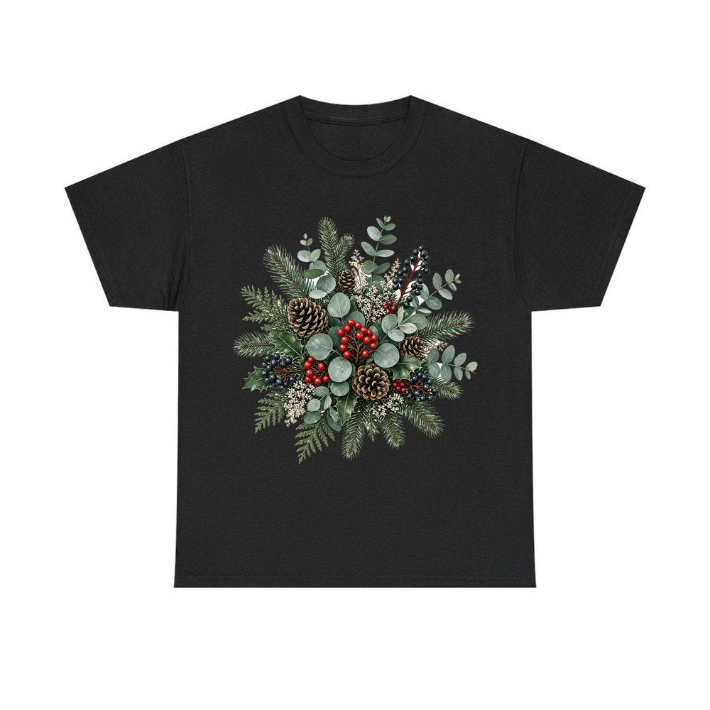 Eucalyptus and Berry Arrangement personalised Christmas T-shirt in black