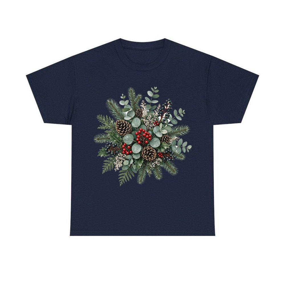 Eucalyptus and Berry Arrangement personalised Christmas T-shirt in navy