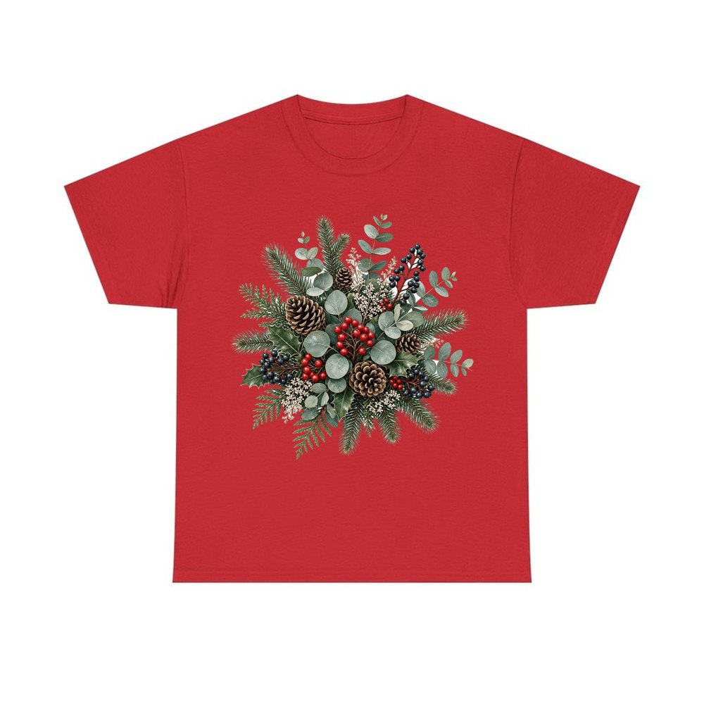 Eucalyptus and Berry Arrangement personalised Christmas T-shirt in red