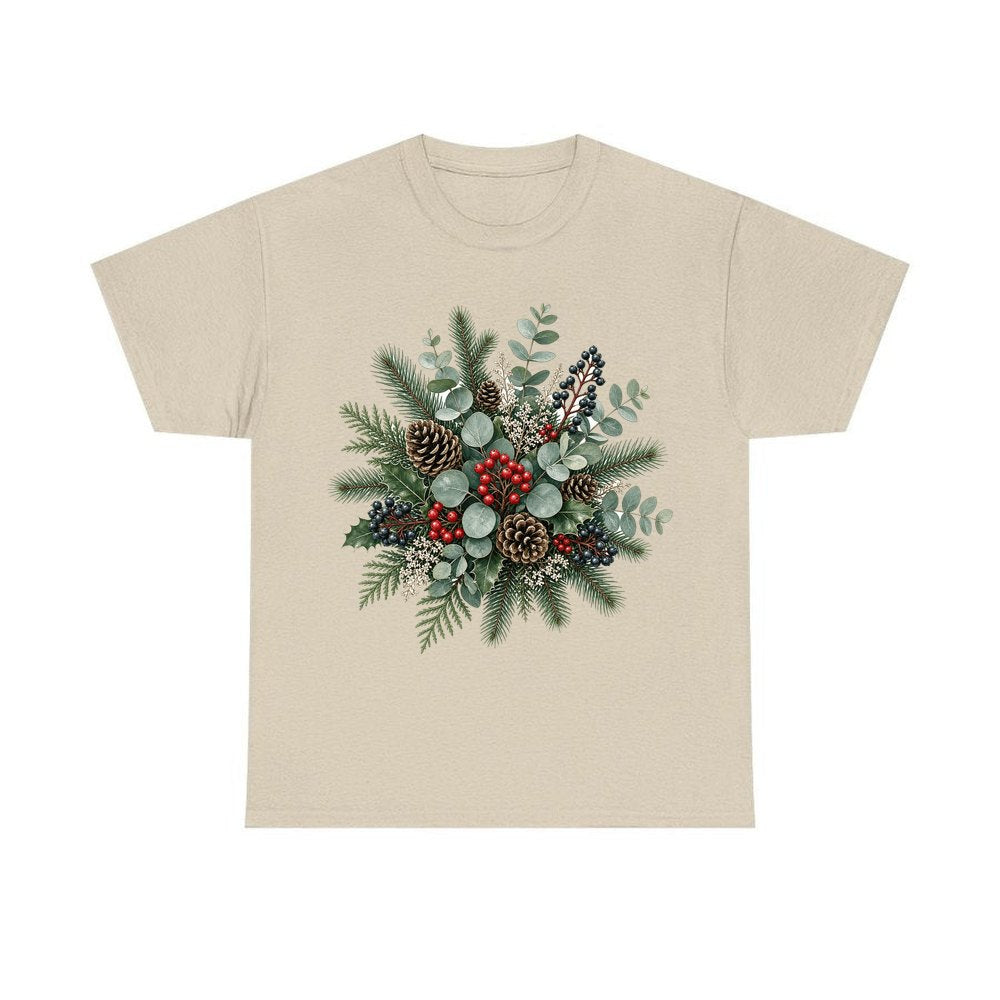 Eucalyptus and Berry Arrangement personalised Christmas T-shirt in sand