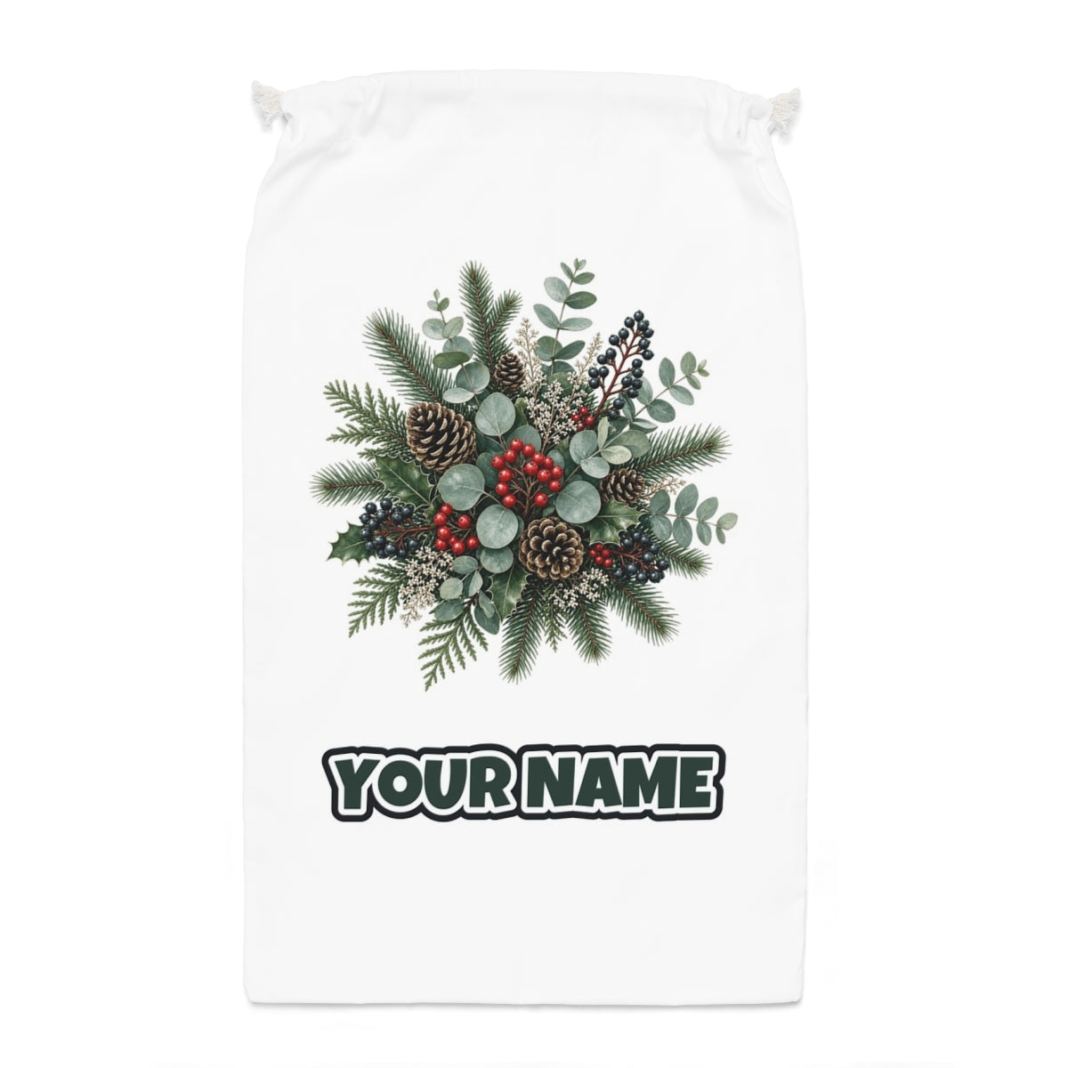 Eucalyptus and Berry Arrangement Santa sack laid flat, showing the full print