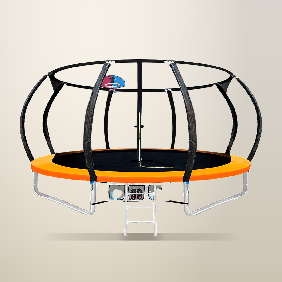 Everfit 12ft Trampoline with Basketball Hoop, Orange, on a plain cream background