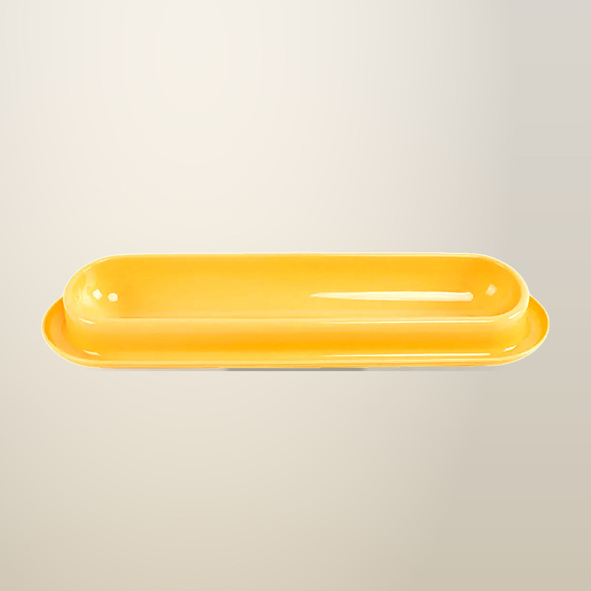 Extended Cat Feeding Bowl, Green, Pink or Yellow, on a plain cream background