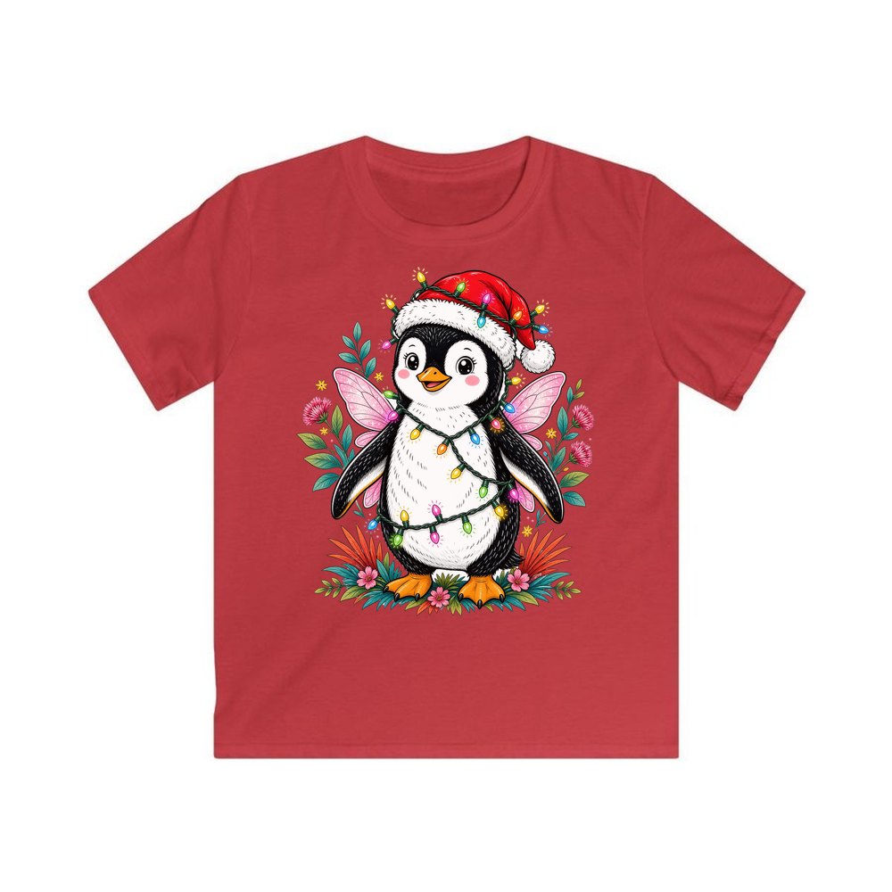 Fairy Penguin In Santa Hat personalised kids Christmas tee in red