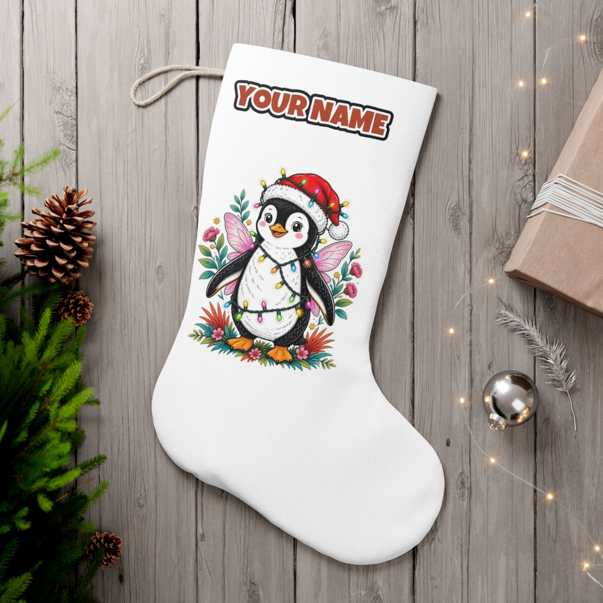 Fairy Penguin In Santa Hat personalised Christmas stocking, white, with the name across the top