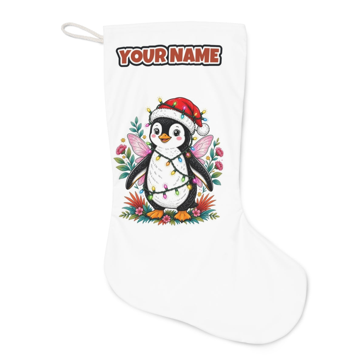 Fairy Penguin In Santa Hat Christmas stocking laid flat, showing the full print