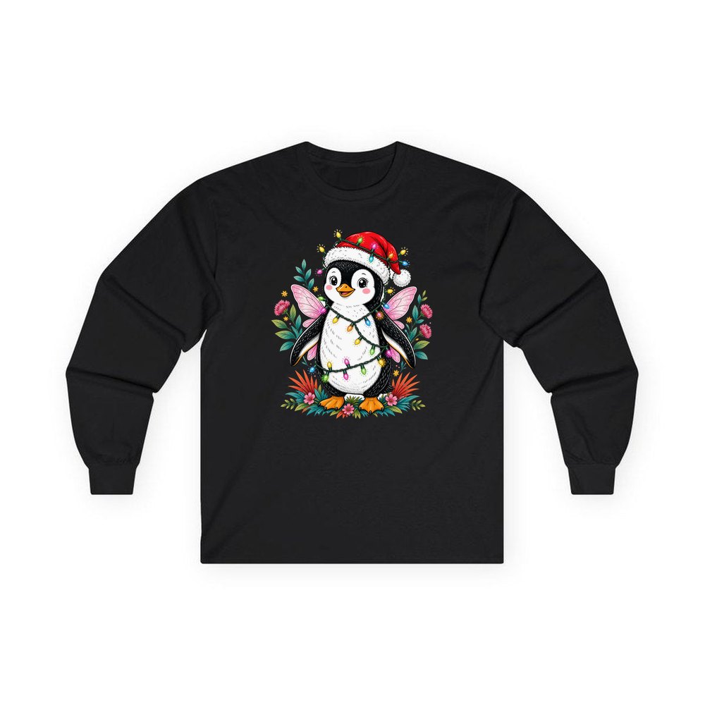 Fairy Penguin In Santa Hat personalised long sleeve Christmas T-shirt in black