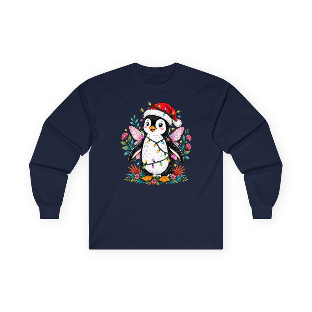 Fairy Penguin In Santa Hat personalised long sleeve Christmas T-shirt in navy