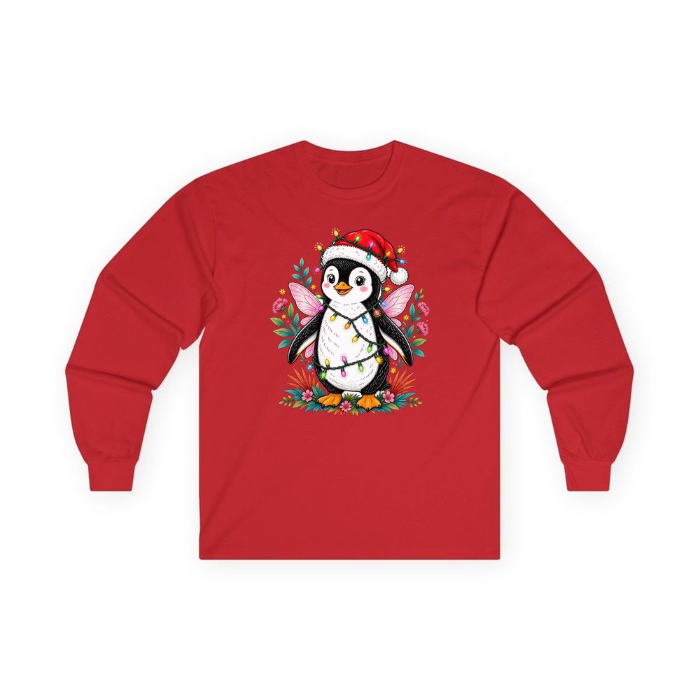 Fairy Penguin In Santa Hat personalised long sleeve Christmas T-shirt in red