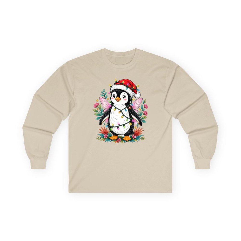 Fairy Penguin In Santa Hat personalised long sleeve Christmas T-shirt in sand