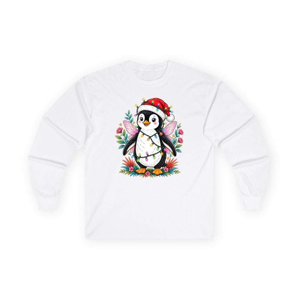Fairy Penguin In Santa Hat personalised long sleeve Christmas T-shirt in white