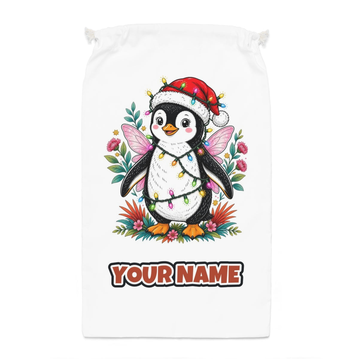 Fairy Penguin In Santa Hat Santa sack laid flat, showing the full print