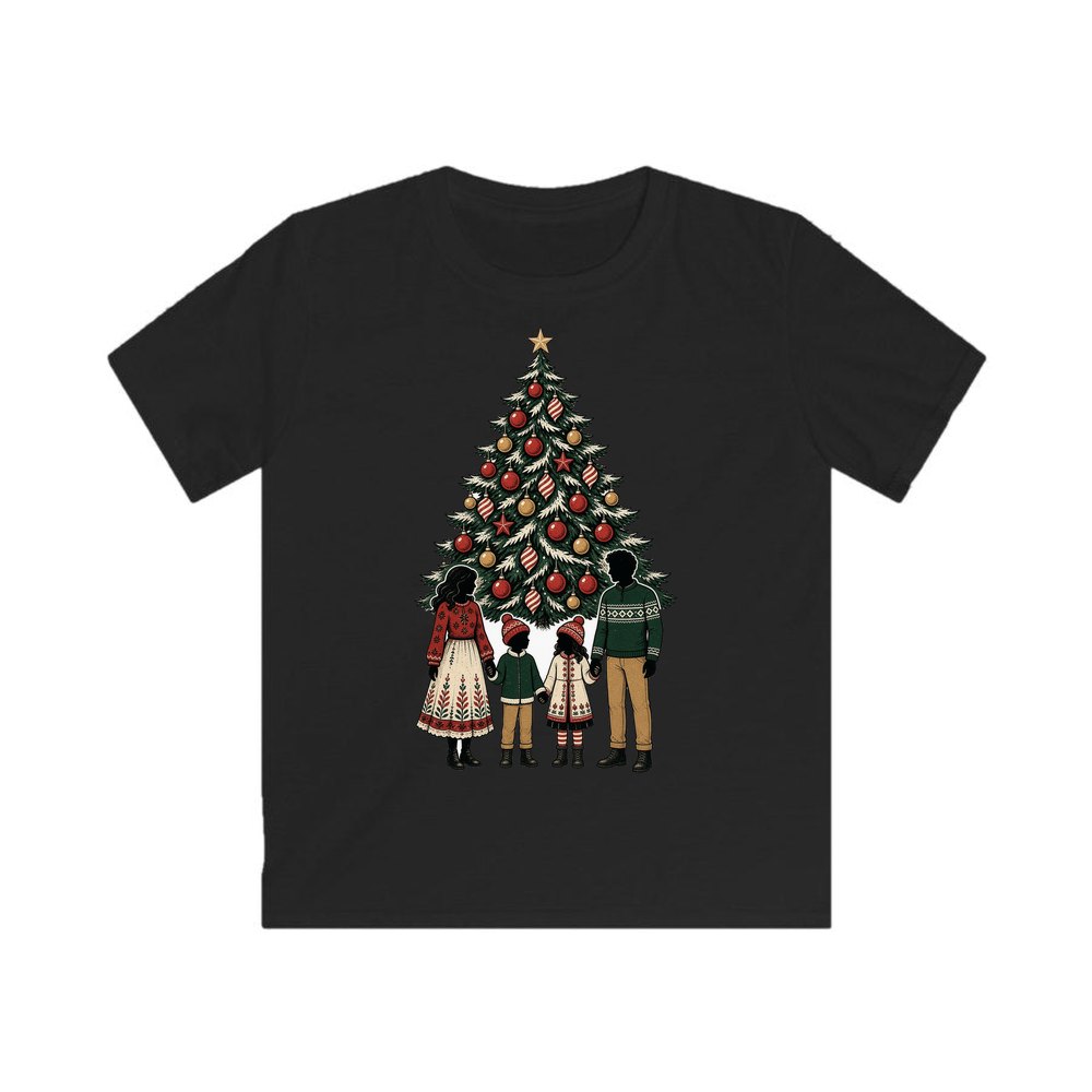 Family At The Christmas Tree personalised kids Christmas tee in black