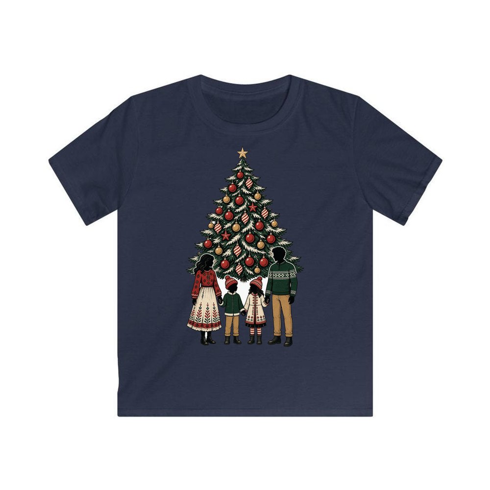 Family At The Christmas Tree personalised kids Christmas tee in navy