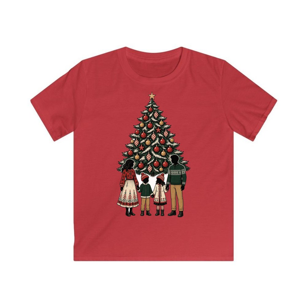Family At The Christmas Tree personalised kids Christmas tee in red