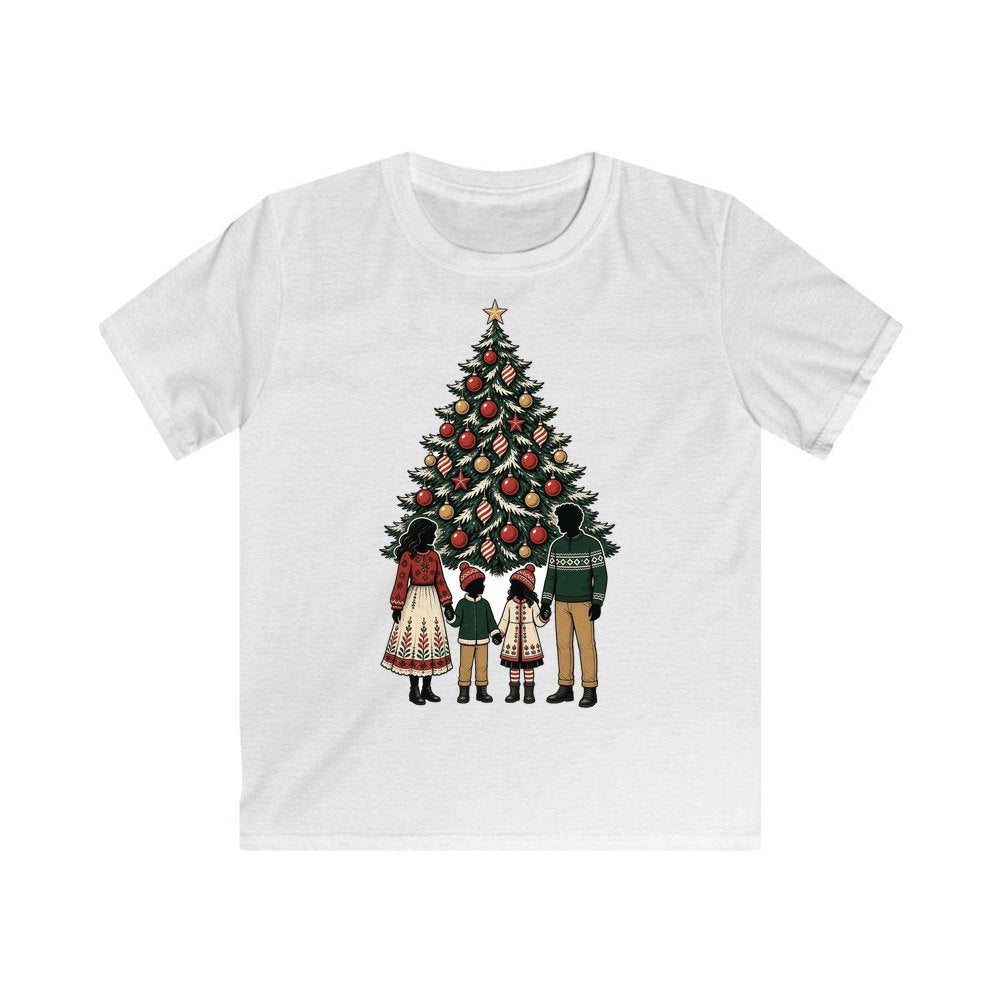 Family At The Christmas Tree personalised kids Christmas tee in white