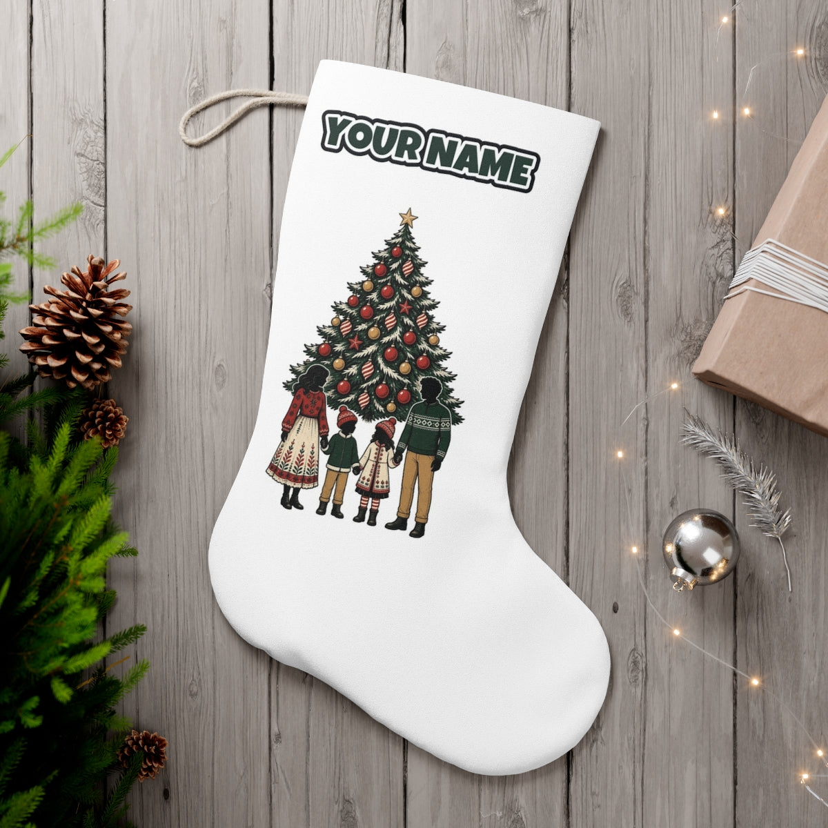 Family At The Christmas Tree personalised Christmas stocking, white, with the name across the top