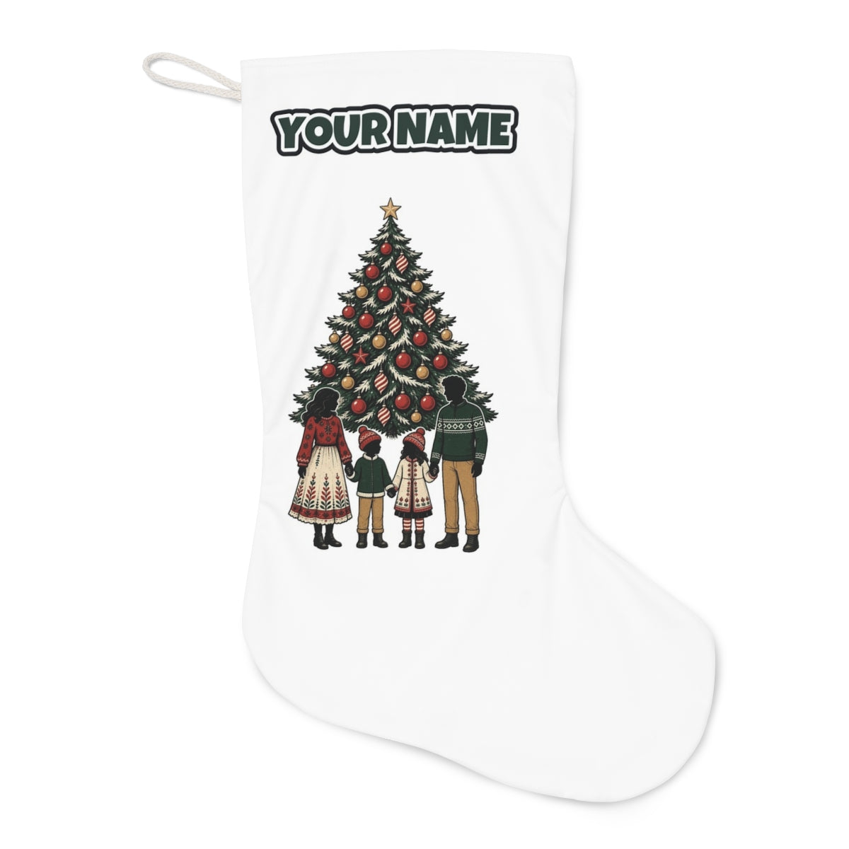 Family At The Christmas Tree Christmas stocking laid flat, showing the full print