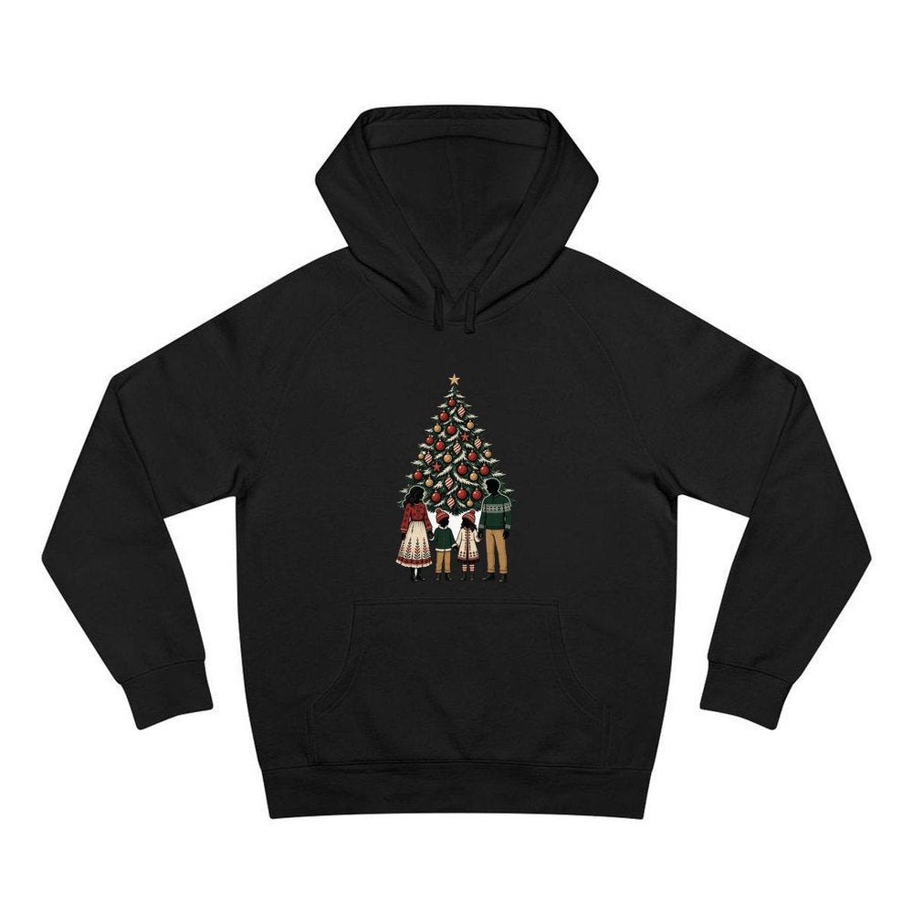 Family At The Christmas Tree personalised Christmas hoodie in black