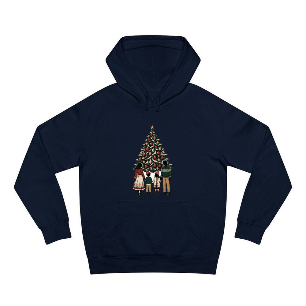Family At The Christmas Tree personalised Christmas hoodie in navy