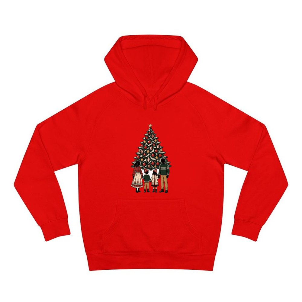 Family At The Christmas Tree personalised Christmas hoodie in red