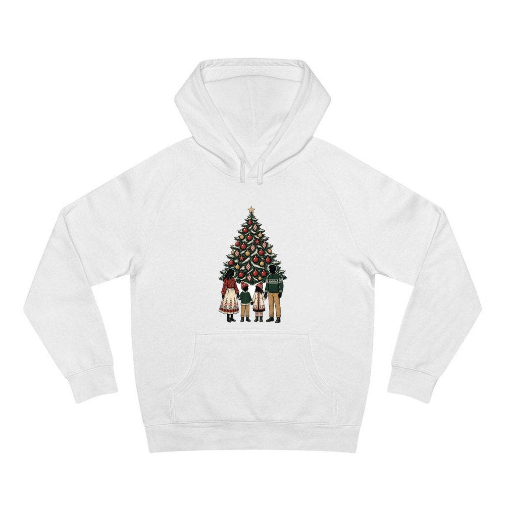 Family At The Christmas Tree personalised Christmas hoodie in white
