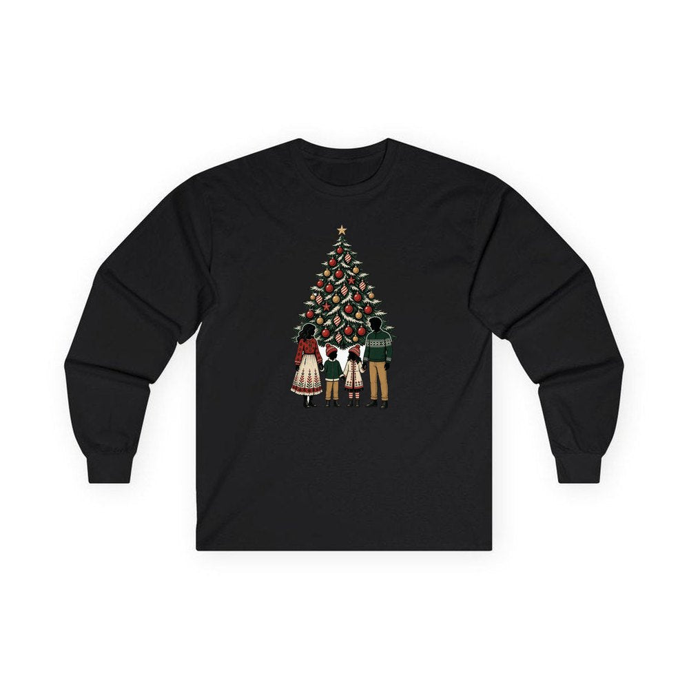 Family At The Christmas Tree personalised long sleeve Christmas T-shirt in black