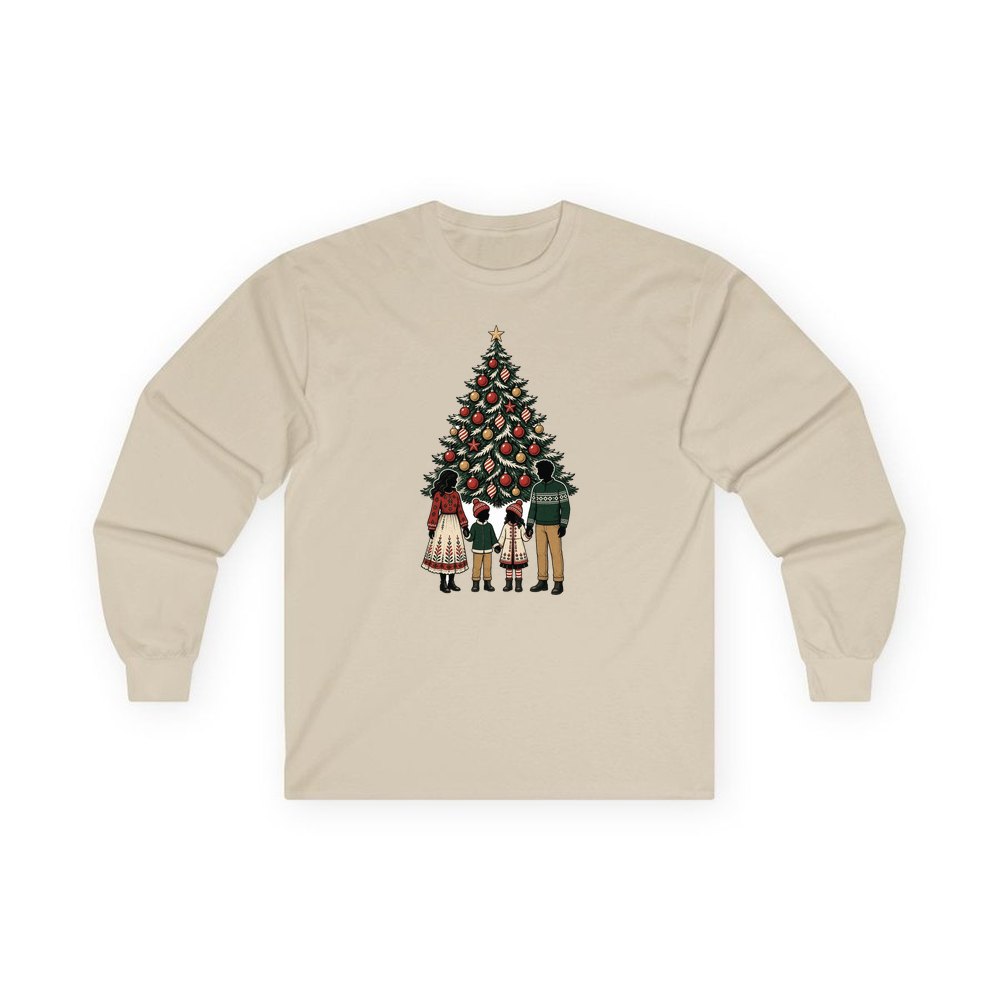 Family At The Christmas Tree personalised long sleeve Christmas T-shirt in sand