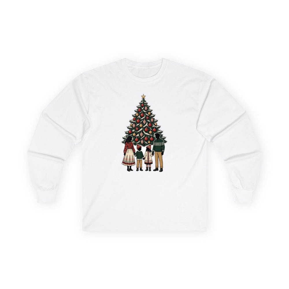 Family At The Christmas Tree personalised long sleeve Christmas T-shirt in white