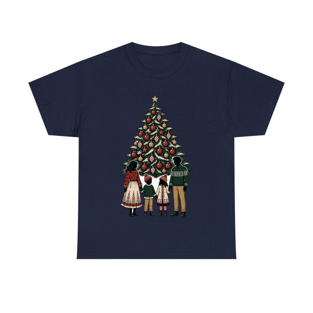 Family At The Christmas Tree personalised Christmas T-shirt in navy