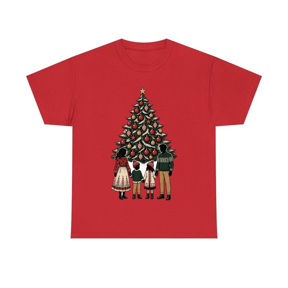 Family At The Christmas Tree personalised Christmas T-shirt in red