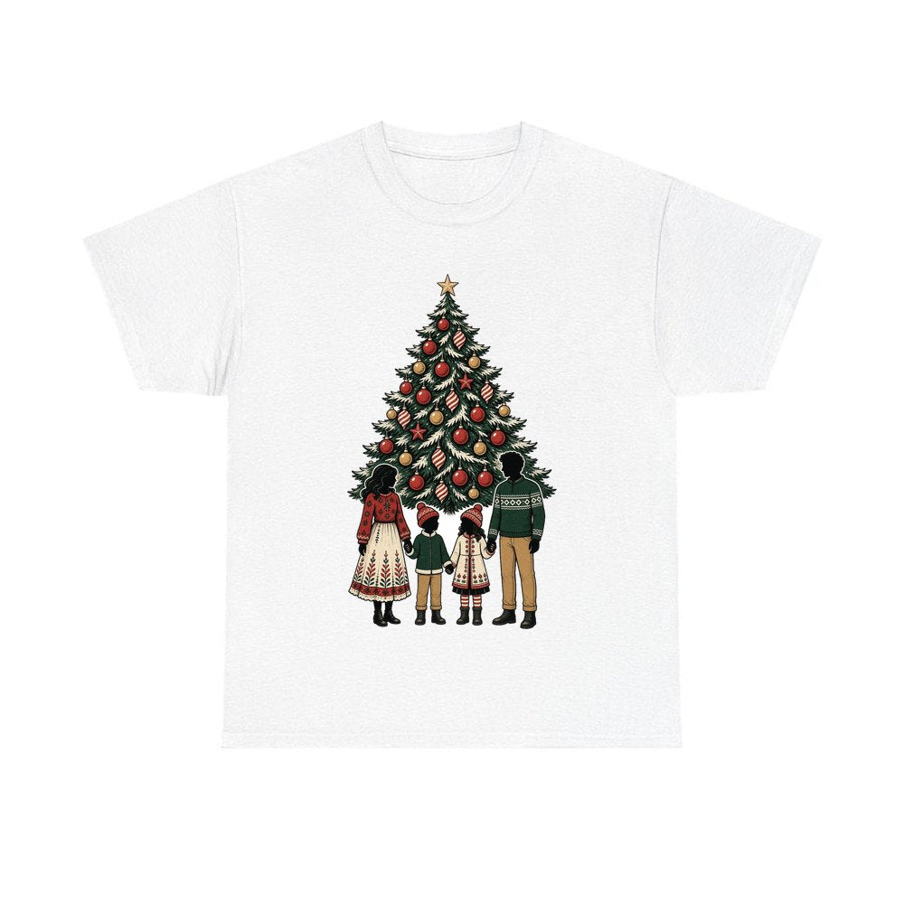 Family At The Christmas Tree personalised Christmas T-shirt in white